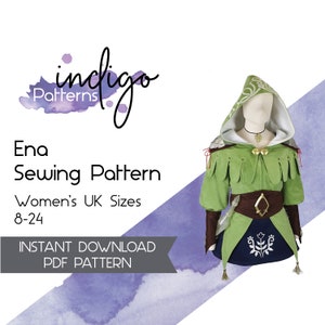 May include: A green hooded sewing pattern for a garment with a brown belt and a blue skirt. The pattern is called "Ena Sewing Pattern" and is for women's UK sizes 8-24. The pattern is available as an instant download PDF.