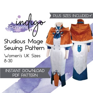May include: A digital sewing pattern for a white and blue dress with a brown cape. The pattern includes plus sizes and is available for instant download as a PDF. The text "indigo Patterns" and "Studious Mage Sewing Pattern" is visible in the image.