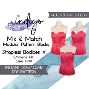 Strapless Bodice Block Pattern, Sweetheart Bodice, Sweetheart Neckline, Princess Seam Bodice, Pattern Blocks - Digital Download PDF Pattern