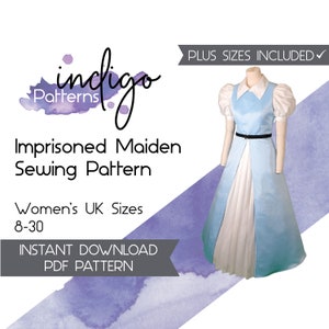 Op de afbeelding: Een digitaal naaipatroon voor een blauwe en witte jurk met een witte kraag en pofmouwen. Het patroon heet "Imprisoned Maiden Sewing Pattern" en omvat de maten 8-30. De tekst "Plus Sizes Included" is ook zichtbaar op de afbeelding.