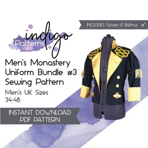 May include: A sewing pattern for a black and gold men's uniform jacket. The pattern includes instructions for making two different jackets, Sylvain and Balthus. The pattern is for UK sizes 34-48. The pattern is available as an instant download.