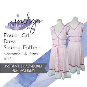 Könnte beinhalten: Ein Schnittmuster für ein ärmelloses Kleid mit rosafarbenem Blumendruck und weißer Spitzenborte. Das Schnittmuster heißt "Flower Girl Dress" und ist in den Damen-UK-Größen 6-24 erhältlich. Das Schnittmuster ist ein sofort herunterladbares PDF.