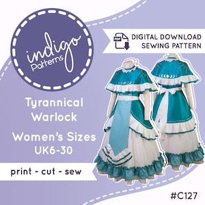 Könnte beinhalten: Ein digitales Näh-Schnittmuster mit dem Titel Tyrannical Warlock #C127 für die Größen UK6-30. Das Bild zeigt ein blaugrünes und weißes Kleid mit Capelet, hohem Kragen, gerüschtem Saum und einer Schürze, dargestellt in Vorder- und Rückansicht.