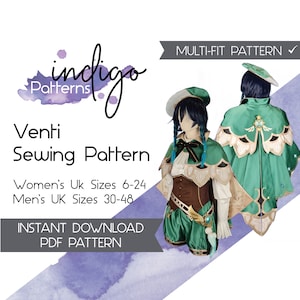Peut inclure: Un patron de couture numérique pour un costume vert et or avec une cape. Le patron est disponible en téléchargement instantané au format PDF. Le patron comprend des tailles pour les femmes et les hommes. Le texte "indigo Patterns" et "Venti Sewing Pattern" est visible sur l'image.
