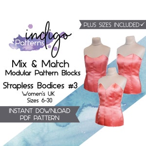 Strapless Bodice Pattern Blocks, Princess Seam Bodice Block Patterns - Digital Download PDF Block Patterns