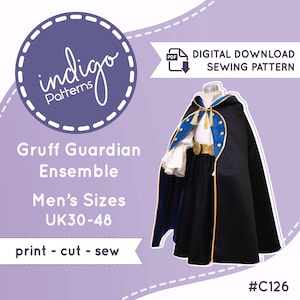 Puede incluir: Un patrón de costura en descarga digital para el conjunto Gruff Guardian, #C126, que incluye una capa negra con capucha, ribete azul y borlas doradas, una camisa blanca de manga larga y una falda negra con cinturón dorado, tallas UK30-48.