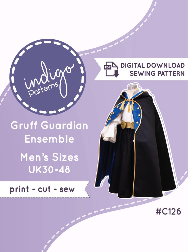 May include: A digital download sewing pattern for a Gruff Guardian Ensemble, #C126, featuring a black hooded cloak with blue trim and gold tassels, a white long-sleeved shirt, and a black skirt with a gold belt, designed for sizes UK30-48.