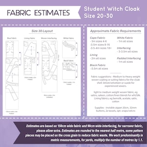 Peut inclure: Diagramme des estimations de tissu pour une cape d'&eacute;tudiant sorcier, tailles 20-30. Le sch&eacute;ma comprend des diagrammes pour le tissu bleu, la doublure, l'entoilage tiss&eacute;, le tissu blanc et noir. Les exigences de tissu sont d&eacute;taill&eacute;es.