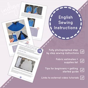 May include: A digital sewing pattern document titled English Sewing Instructions featuring multiple pages with step-by-step photographs of a blue cape and a white shirt. The document includes text sections for fabric estimates, supplies, beginner tips, and video links.