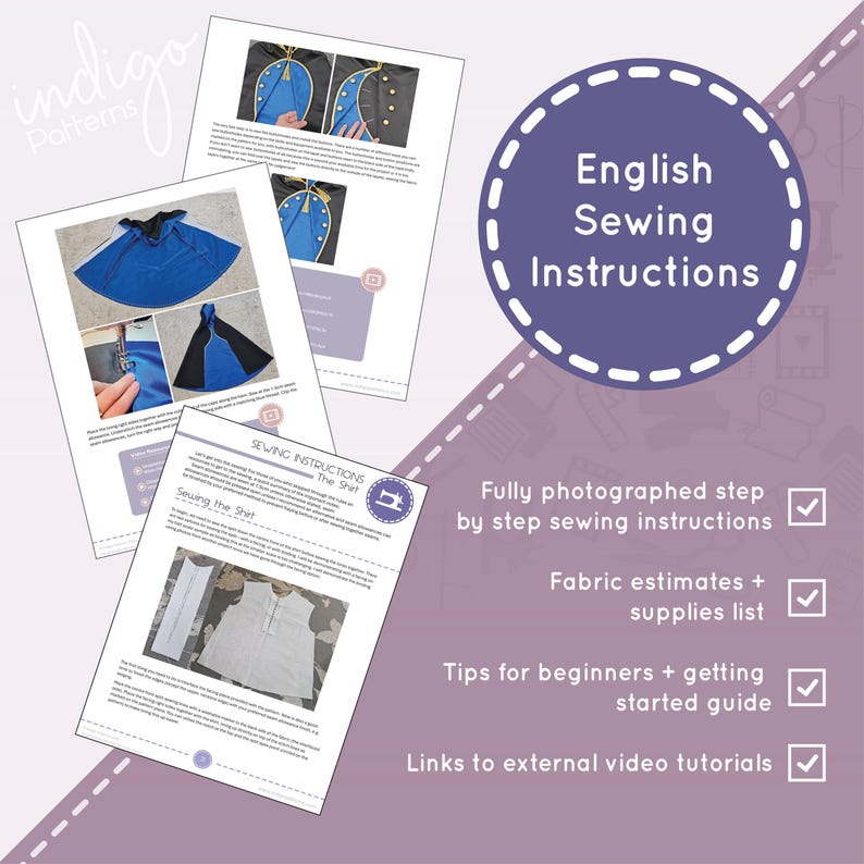 May include: A digital sewing pattern document titled English Sewing Instructions featuring multiple pages with step-by-step photographs of a blue cape and a white shirt. The document includes text sections for fabric estimates, supplies, beginner tips, and video links.