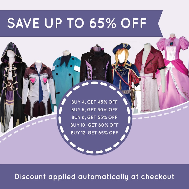 May include: A collection of seven diverse costumes displayed on mannequins, including a black hooded cloak, a white jacket with heart accents, a teal coat, a dark jacket, a blue and gold uniform, a red jacket with a dress, and a pink gown.