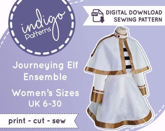 May include: A digital download sewing pattern for a Journeying Elf Ensemble in women's sizes UK 6-30. The image displays a white dress with a high collar, long sleeves, and a capelet, all featuring gold trim and black and white striped accents.