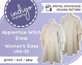 May include: Digital sewing pattern for an Apprentice Witch Dress. The image shows a cream-colored dress with a high collar and button details. The pattern includes Women's sizes UK6-30. The text "print - cut - sew" is also visible.