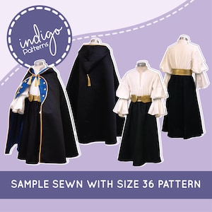May include: A sewing pattern set titled indigo Patterns featuring a black hooded cloak with blue and gold trim, a white long-sleeved shirt with flared cuffs, a black skirt, and a gold belt. The image displays a sample sewn with size 36 pattern.