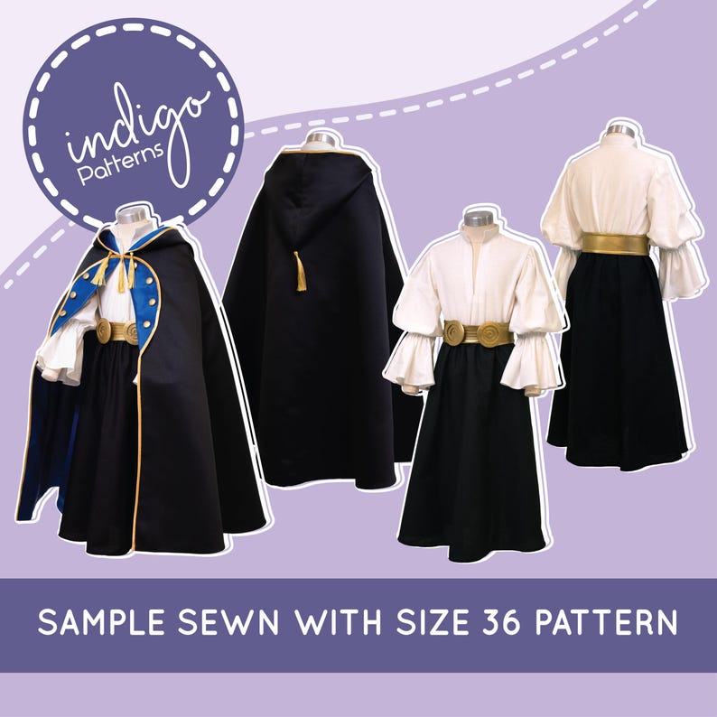 May include: A sewing pattern set titled indigo Patterns featuring a black hooded cloak with blue and gold trim, a white long-sleeved shirt with flared cuffs, a black skirt, and a gold belt. The image displays a sample sewn with size 36 pattern.