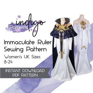 May include: A sewing pattern for a white gown with a long train and a matching blue cape. The pattern is called "Immaculate Ruler Sewing Pattern" and is for women's sizes 8-24. The pattern is available as an instant download PDF.