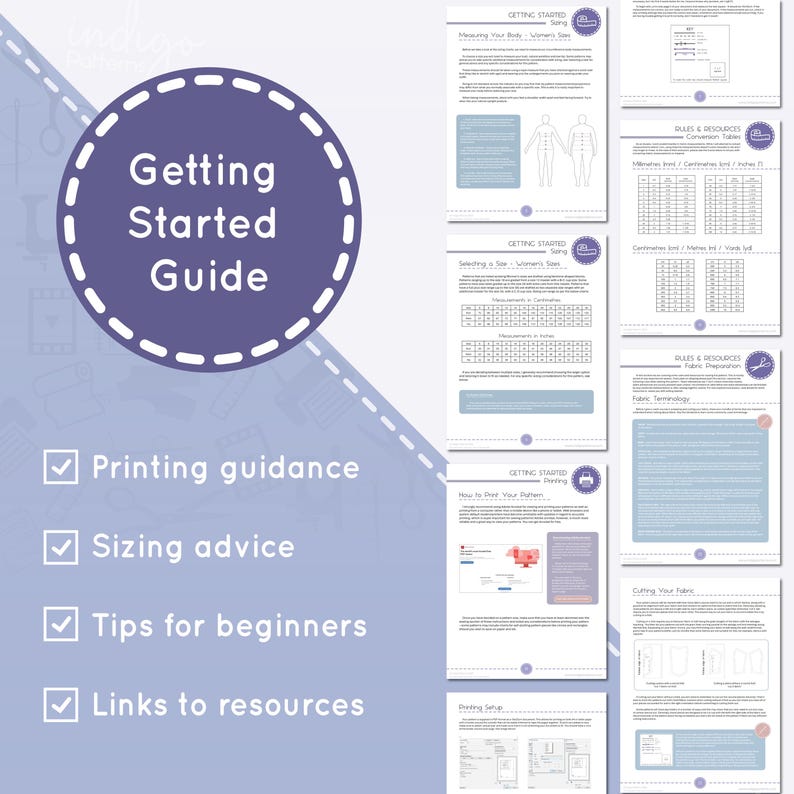 May include: A Getting Started Guide document featuring multiple pages of sewing instructions, sizing charts, and printing advice. The layout includes text, diagrams, and tables on a light purple background with a large circular title graphic.