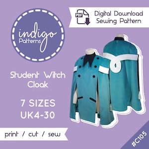 Student Witch Hat Atelier Cloak Cosplay Sewing Pattern UK Sizes 4-30 - Digital Download Witch Hat Cosplay Cape Pattern with plus sizes