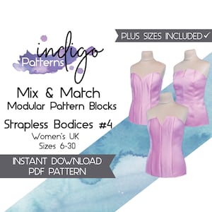 Strapless Bodice Pattern Blocks, Princess Seam Bodice Block Patterns - Digital Download PDF Block Patterns