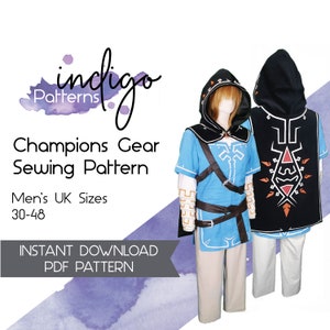 May include: A sewing pattern for a blue and black costume with a hooded cape. The pattern is for men's sizes 30-48. The pattern is called "Champions Gear Sewing Pattern" and is available for instant download as a PDF.