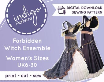 May include: A digital download sewing pattern for a Forbidden Witch Ensemble in sizes UK6-30, labeled #C128 by Indigo Patterns. The image displays two mannequins wearing long gowns with wide-brimmed hats, featuring dark patterned fabric.