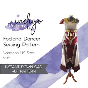 Puede incluir: Un patrón de costura para un vestido rojo y blanco con detalles dorados. El patrón se llama "Fodland Dancer Sewing Pattern" y está disponible en tallas UK para mujer 6-24. El patrón es una descarga instantánea en PDF.