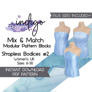 Strapless Bodice Pattern Blocks, Princess Seam Bodice Block Patterns - Digital Download PDF Block Patterns