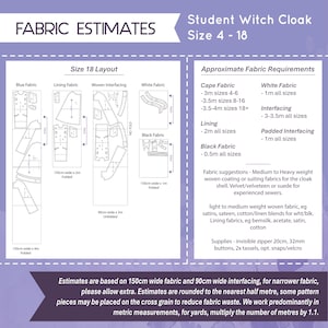 Peut inclure: Diagramme d&eacute;taill&eacute; des estimations de tissu pour une cape d'&eacute;tudiant sorcier, tailles 4-18. Il comprend les exigences en tissu pour la cape, la doublure et l'entoilage, avec des mesures en m&egrave;tres. L'image fournit &eacute;galement des suggestions de tissu et des d&eacute;tails sur les fournitures.