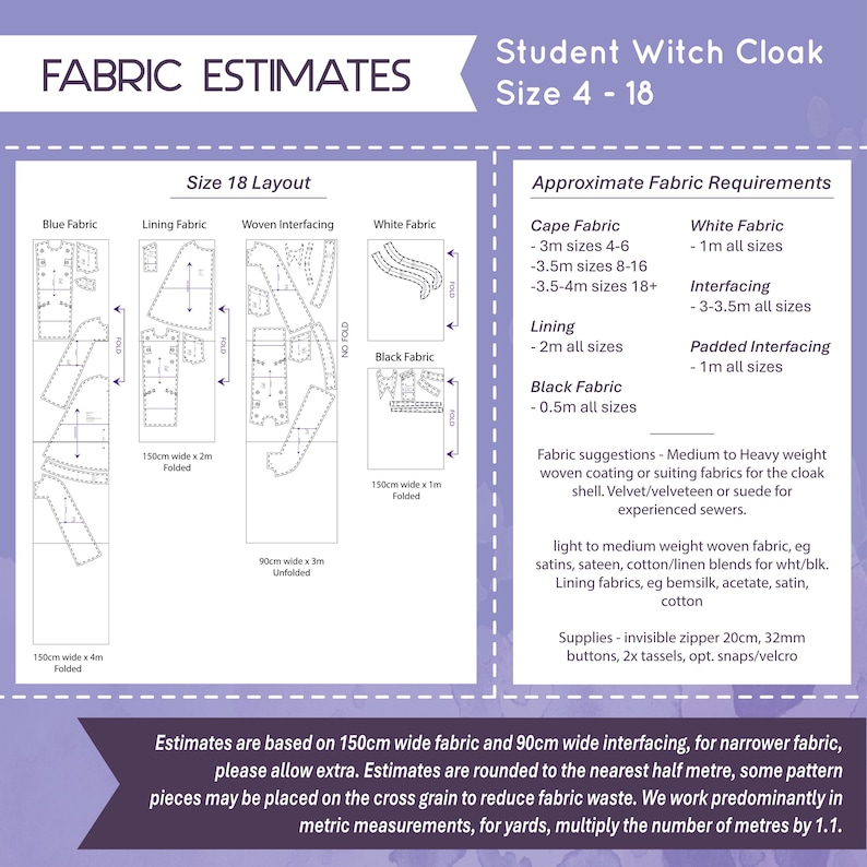 Peut inclure: Diagramme d&eacute;taill&eacute; des estimations de tissu pour une cape d'&eacute;tudiant sorcier, tailles 4-18. Il comprend les exigences en tissu pour la cape, la doublure et l'entoilage, avec des mesures en m&egrave;tres. L'image fournit &eacute;galement des suggestions de tissu et des d&eacute;tails sur les fournitures.
