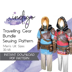 May include: A digital sewing pattern for a traveling gear bundle. The pattern includes instructions for making a blue and brown tunic, a red and brown tunic, and matching pants. The pattern is available in men's UK sizes 30-48. The pattern is an instant download.