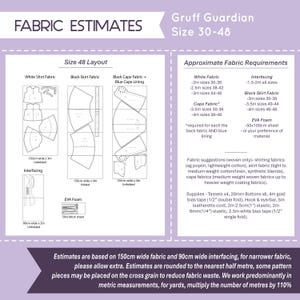 May include: A sewing pattern guide titled Gruff Guardian Size 30-48, featuring fabric estimates, layout diagrams for white shirt, black skirt, and cape fabrics, plus a list of required supplies including 20mm buttons, 1/2 inch bias tape, and 1 inch elastic.
