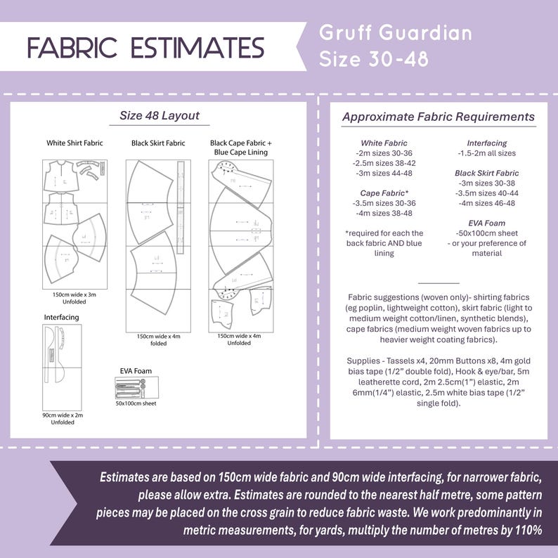 May include: A sewing pattern guide titled Gruff Guardian Size 30-48, featuring fabric estimates, layout diagrams for white shirt, black skirt, and cape fabrics, plus a list of required supplies including 20mm buttons, 1/2 inch bias tape, and 1 inch elastic.