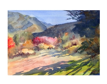 May include: Watercolor landscape painting depicting a valley with mountains in the background. The artwork features a path leading through the scene, with colorful foliage in shades of red, orange, and green. The sky is a light blue.