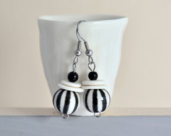 Dangle earrings, porcelain earrings, handmade, hand painted, surgical steel wire, ceramic jewelry, black and white, gift for her, elegant