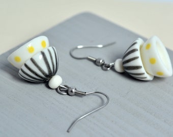 Yellow and black, porcelain dangle earrings, unique, handmade, hand painted porcelain earrings, surgical steel, ceramic  jewelry