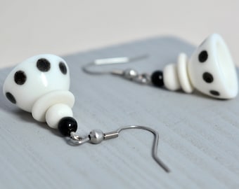 Dangle earrings, porcelain earrings, handmade, hand painted, surgical steel, ceramic jewelry, black and white