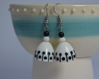 Bell shaped, black and white, dangle earrings, handmade, hand painted porcelain earrings, original design, surgical steel, ceramic jewelry