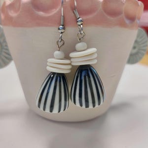 Handmade, hand painted porcelain earrings, black and white, dangle earrings,original design, ceramic jewelry, elegant, surgical steel hooks
