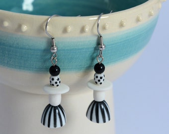 Handmade,black and white, ceramic earrings, dangle earrings,hand painted, porcelain jewelry,  surgical steel hooks