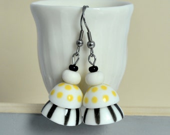 Yellow and black, porcelain dangle earrings, unique, handmade hand painted porcelain earrings, surgical steel, ceramic  jewelry