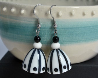 Dangle earrings, black and white, handmade, hand painted porcelain earrings, bell shaped, original design, surgical steel, ceramic jewelry,