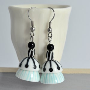 Handmade porcelain earrings, dangle earrings, one of a kind, turquoise, black and white, ceramic jewelry, surgical ear wire