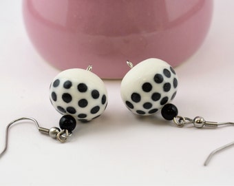 Porcelain earrings, handmade, hand painted , dangle earrings, hollow, black and white, surgical steel, ceramic jewelry