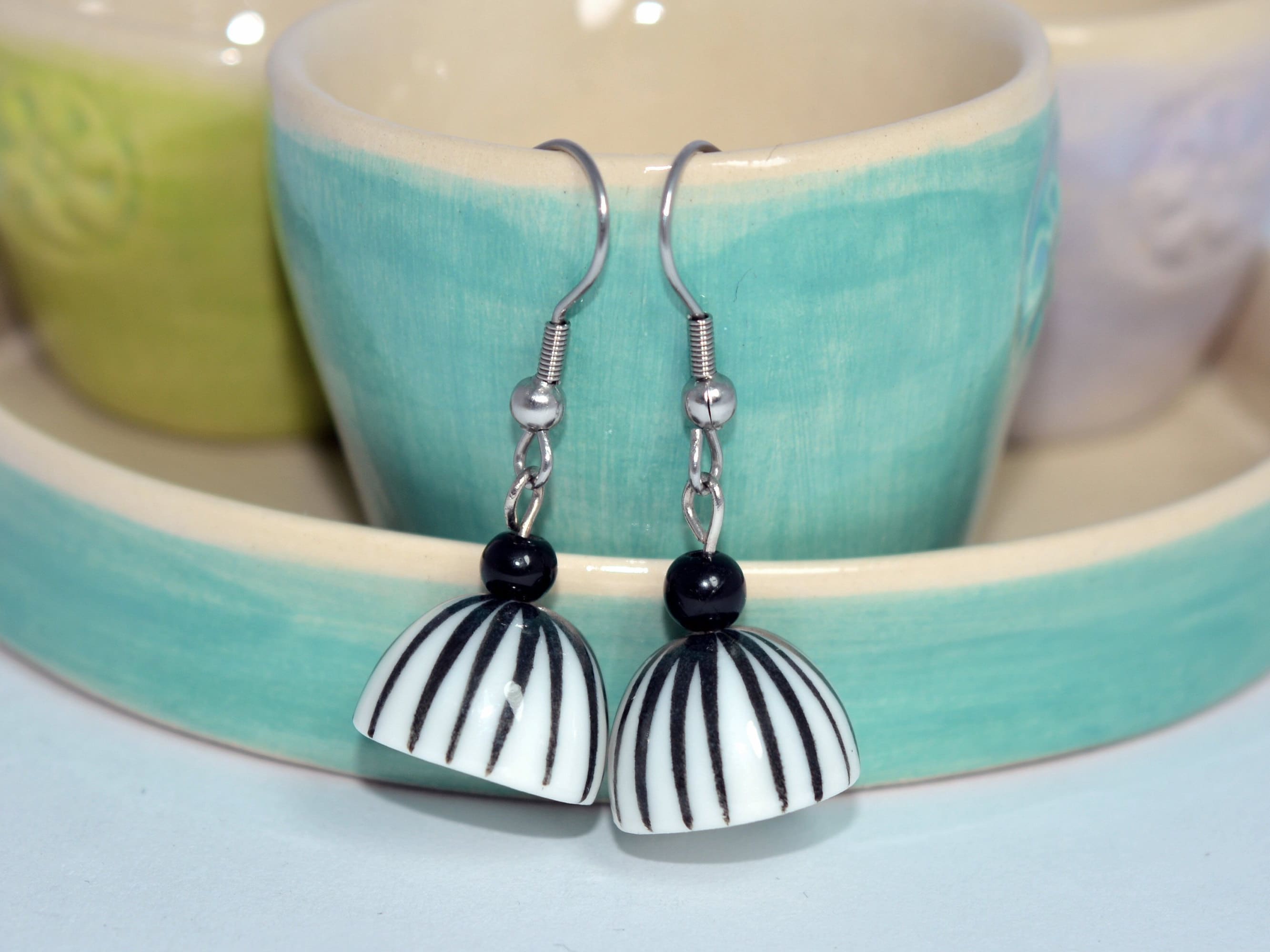 ceramic earrings Porcelain earrings hand painted light weight black and white surgical steel wire gift for her elegant handmade