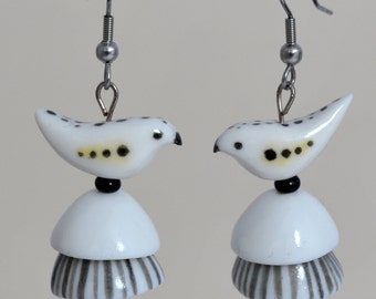 Handmade porcelain earrings, hand painted, black and white, dangle earrings, surgical steel wire, ceramic earrings, gift for her, bird
