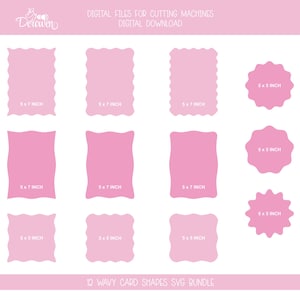 May include: A digital graphic with pink wavy shapes in rectangular and circular forms. Dimensions are given as 5 x 7 inches and 5 x 5 inches. The text at the top says "DIGITAL FILES FOR CUTTING MACHINES". The bottom text reads "12 WAVY CARD SHAPES SVG BUNDLE".