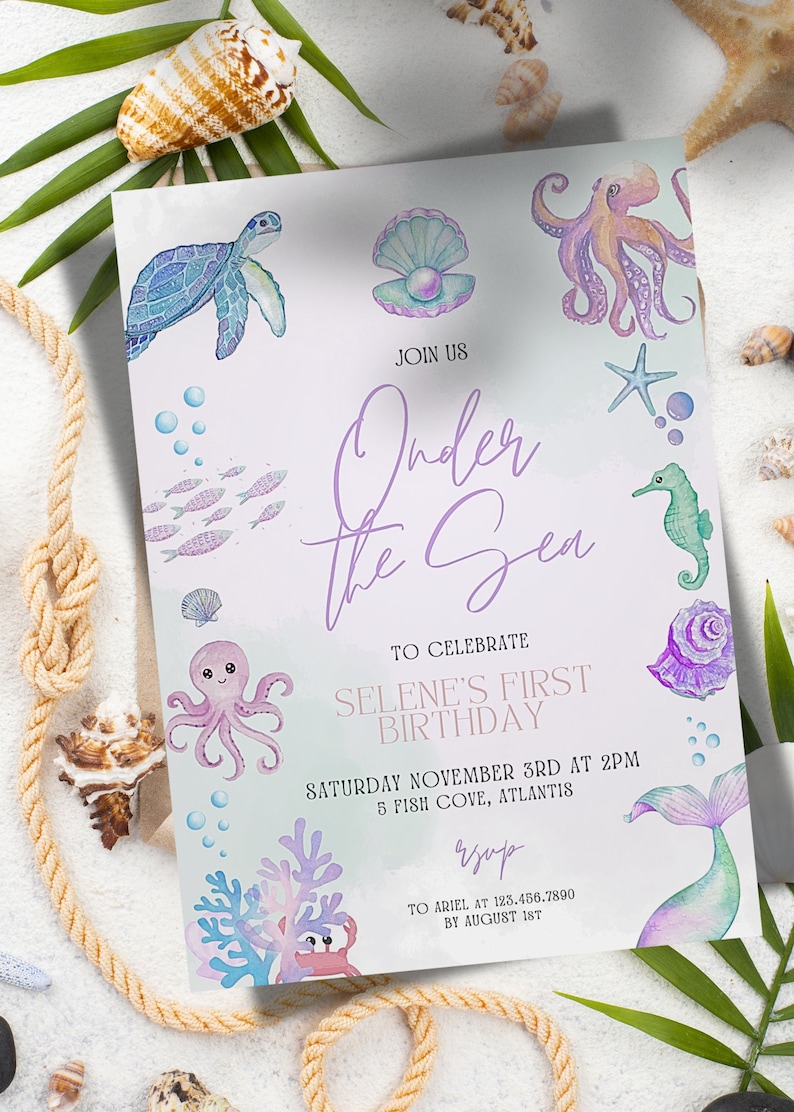 Oneder the Sea Birthday Invitation Printable, Ocean Animals Girls Under the Sea Invite, Under ...