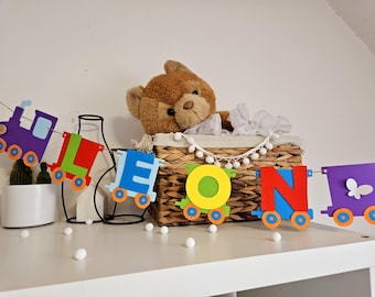 Personalized locomotive garland, name garland train, children's room baby room decoration, railway party children's birthday decoration