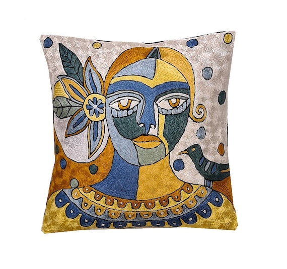 Picasso Abstract Composition Silk Throw pillow cover Hand Embroidered Silk,Home Decor,decorative pillow,decorative cushionsSize 18-18.