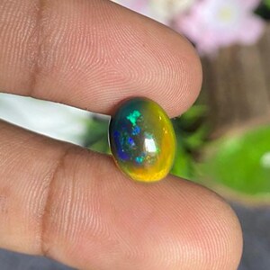 May include: A vibrant, oval-shaped opal gemstone. The stone displays a mix of colors, including green, blue, and yellow, with a polished, reflective surface. The opal is held between fingers, showcasing its natural beauty and unique color play.